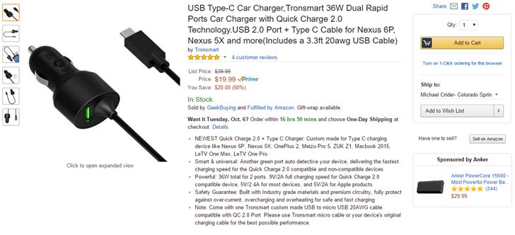 Fotografía - [Trato Alerta] Tronsmart Carga Rápida 2.0 Dual-Port cargador de coche (USB + USB Tipo-C) es de $ 11.99 Después de un $ 8 de descuento en Amazon